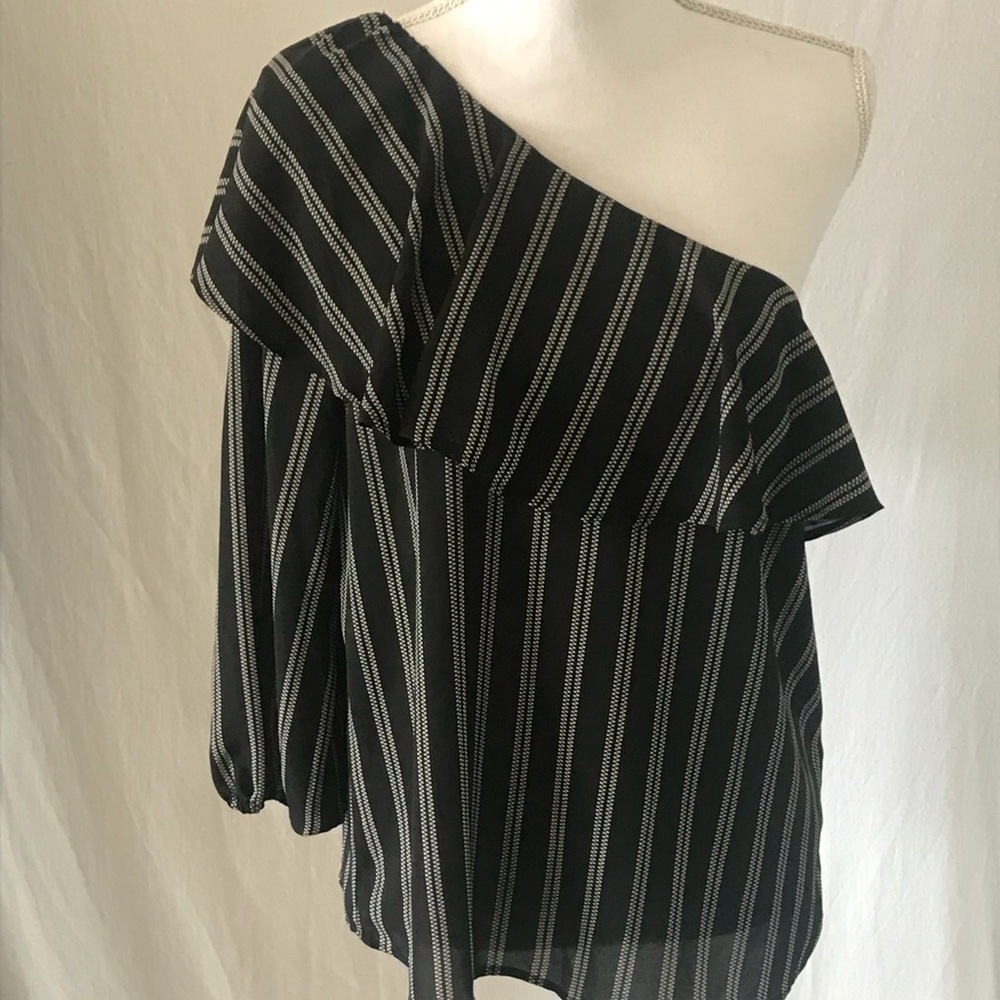 Halogen One Shoulder Striped Blouse Black White Women’s Small